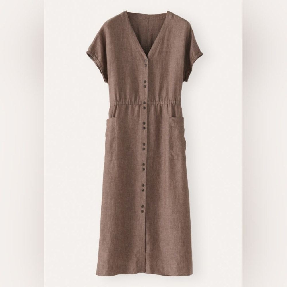 Poetry Yarn-dyed Linen Button-Through Dress Size US 6 UK 10 Pink Brown
